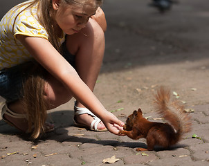 Image showing Little girl and squirrel