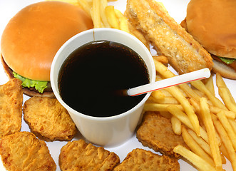 Image showing Hamburgers fried potatoes and drink