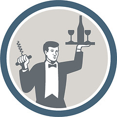 Image showing Waiter Serving Wine Bottle on Platter Retro