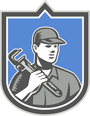 Image showing Plumber Holding Wrench Woodcut Shield 