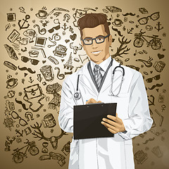 Image showing Vector Hipster Doctor Man With Clipboard