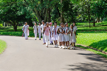 Image showing group of pupils in a traditional school clothes on excursion in 