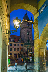 Image showing Old Town Hall Tower in Prague seen from Melantrichov passage