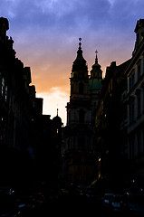 Image showing Prague spires in the sunset light, silhouette 