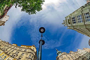 Image showing fisheye lens look of the Old Town on sky background . Prague