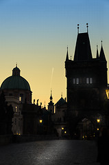 Image showing Prague spires in the sunset light, silhouette 