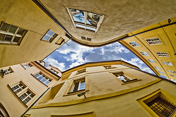 Image showing fisheye lens look of the Old Town on sky background . Prague