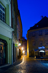 Image showing narrow alley with lanterns in Prague at night