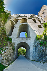 Image showing famous storey bridge in Cesky Krumlov - Czech Republic