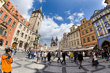 Image showing Tourists walk around the Old Town Square in Prague waiting for s