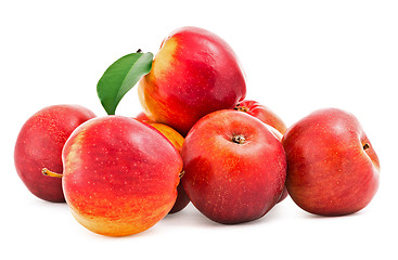 Image showing Red Apples with green leaf on white