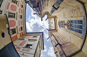 Image showing fisheye lens look of the Old Town on sky background . Prague