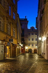 Image showing narrow alley with lanterns in Prague at night