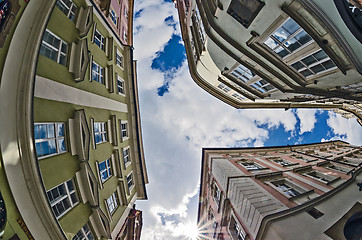 Image showing fisheye lens look of the Old Town on sky background . Prague