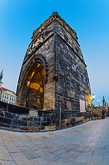 Image showing Tower on Charles Bridge in Prague early in the morning at sunris