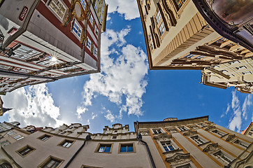 Image showing fisheye lens look of the Old Town on sky background . Prague