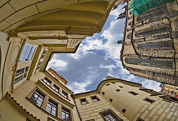 Image showing fisheye lens look of the Old Town on sky background . Prague