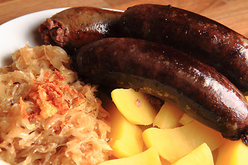 Image showing czech food - black and white pudding with potatoes and sauerkrau