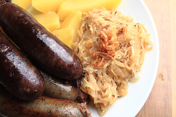 Image showing czech food - black and white pudding with potatoes and sauerkrau