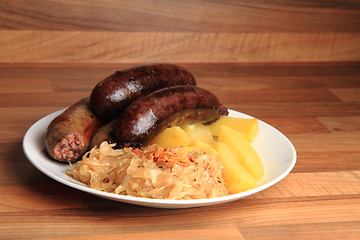 Image showing czech food - black and white pudding with potatoes and sauerkrau