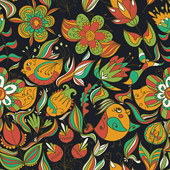 Image showing Seamless dark floral pattern with birds