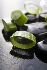 Image showing Sliced aloe leaves with oil on the stone