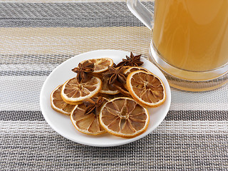 Image showing beer mug with cinnamon and lemon on white plate