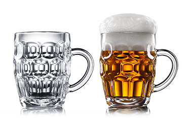 Image showing Empty and full beer in glass isolated on white