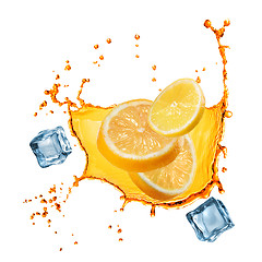 Image showing flying slices of orange and lemon in juice splash isolated on wh