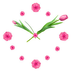 Image showing Clock made of pink tulips isolated on white