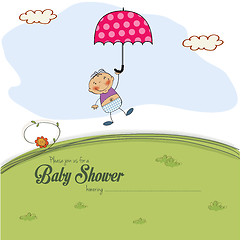 Image showing baby shower card with a boy who lands on a meadow