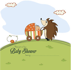 Image showing baby shower card with a hedgehog that pushes a stroller with bab