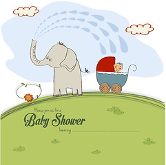 Image showing baby shower card with a boy in stroller sprayed by an elephant