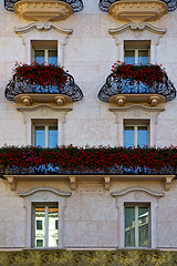 Image showing old wall and flower terrace  city lugano  