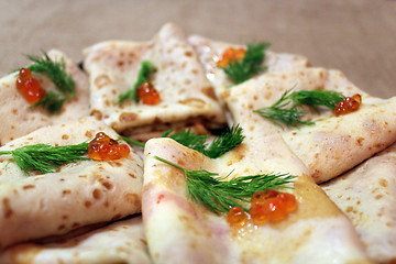 Image showing pancakes with red caviar and fennel