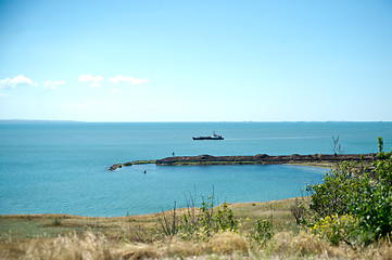 Image showing Black sea coast in Crimea, ship and fortress