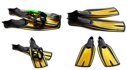 Image showing Set of yellow swim fins, mask and snorkel for diving