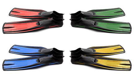 Image showing Set of multicolored flippers for diving on white background