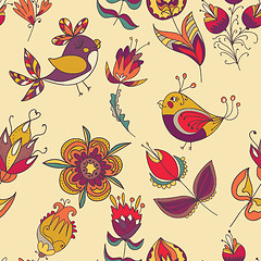 Image showing Seamless floral pattern with birds