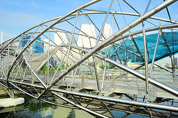 Image showing Helix Bridge and downtown of Singapore