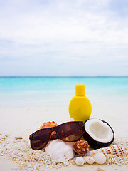 Image showing Chopped coconut on the beach