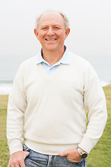 Image showing Smiling aged man on grass land background