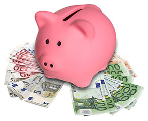 Image showing Piggy Bank on a pile euro banknotes