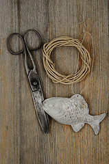 Image showing old scissors, glasses, fish and hank of packthread