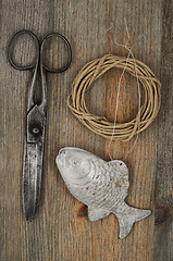 Image showing old scissors, glasses, fish and hank of packthread