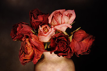 Image showing bouquet of dried roses in vase with Grunge Filter