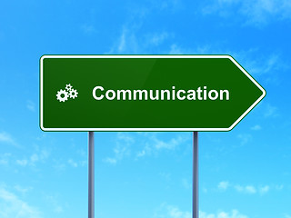 Image showing Marketing concept: Communication and Gears on road sign background