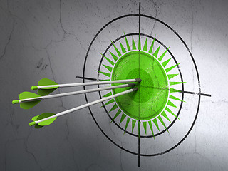 Image showing Travel concept: arrows in Sun target on wall background