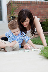 Image showing Mother Drawing With Chalk On Sidewalk With Son