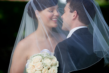 Image showing Bride And Groom Kissing Under Veil